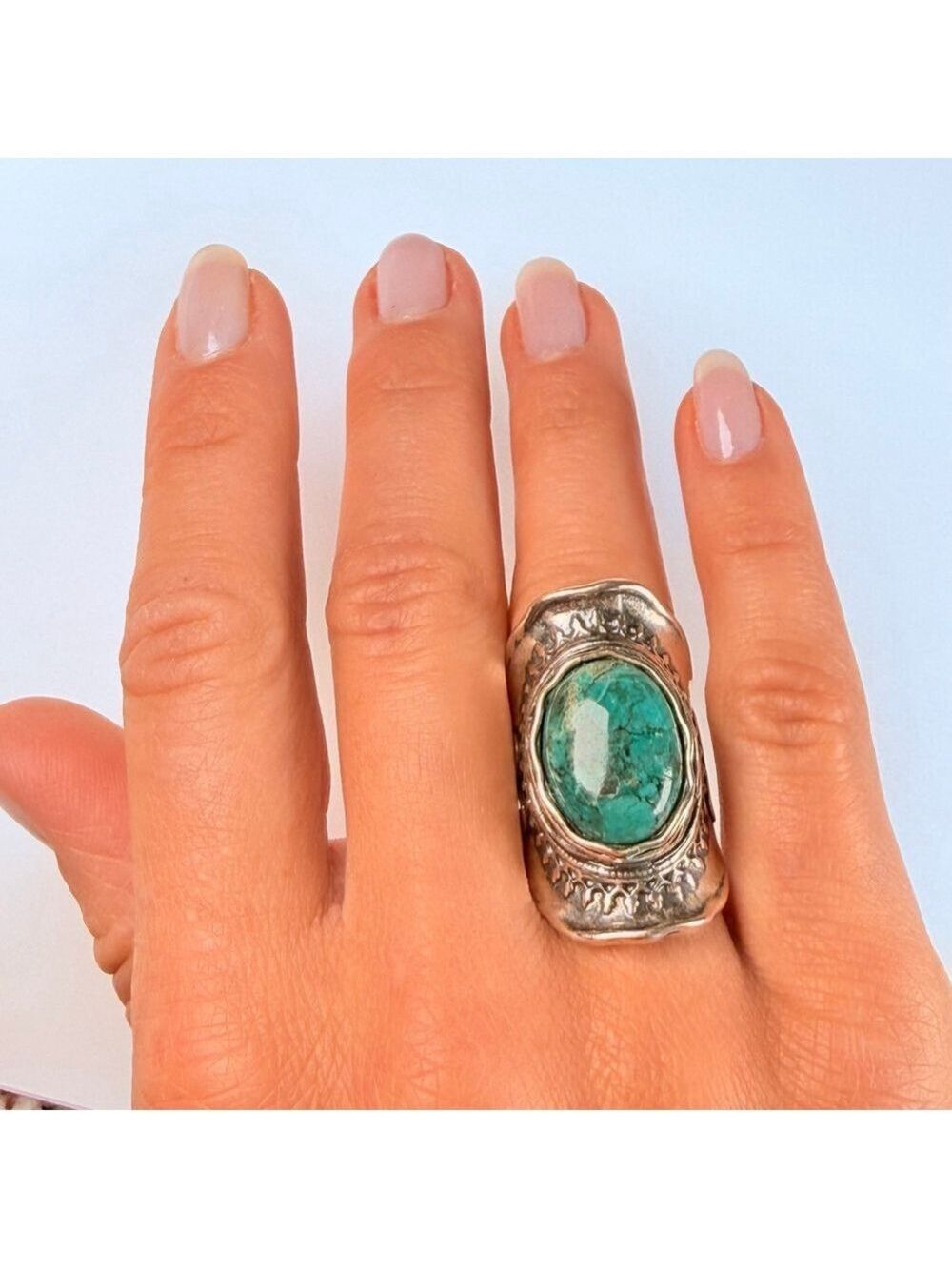 DIDAE 9.5CT Real Eliat Turquoise Sterling Silver Vintage Boho Saddle Israel Ring - Picture 9 of 12
